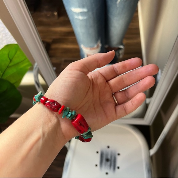 Real Turquoise Red Coral Necklace Bracelet Earring 3 pc set blue green handmade - Picture 11 of 16